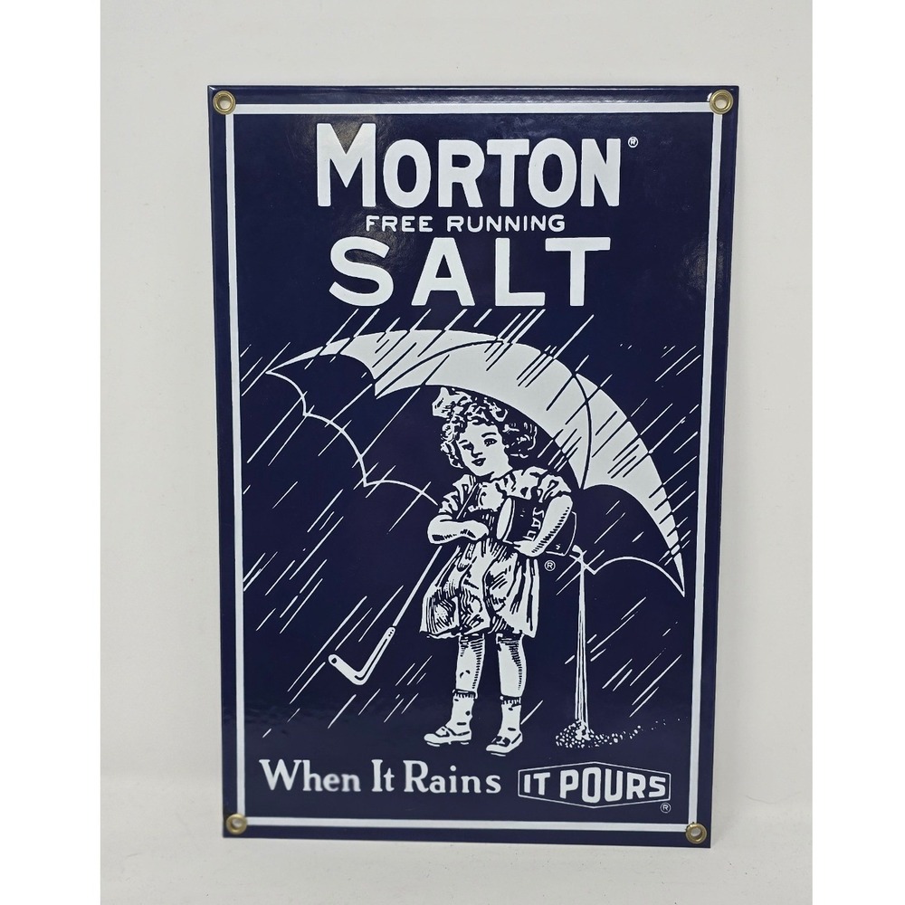 Vtg Ande Rooney porcelain enameled metal sign Morton Salt Umbrella Girl repro